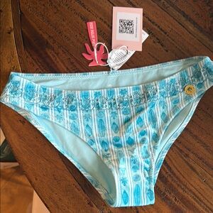 Pink palm puff-Blue Patterned Women's Swim Bottom XS NWT
